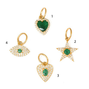 14k Solid Gold & Emerald and Diamond Charms, Heart, Star, Evil Eye (14K-DCH-890)