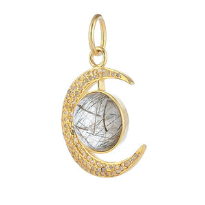 Pave Diamond & Golden Rutile Crescent Moon Pendant, (DPM-1285)