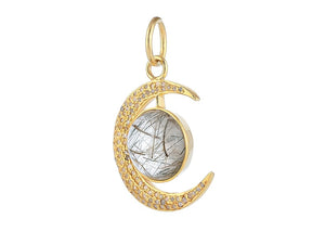 Pave Diamond & Golden Rutile Crescent Moon Pendant, (DPM-1285)