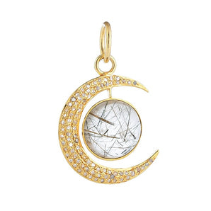 Pave Diamond & Golden Rutile Crescent Moon Pendant, (DPM-1285)