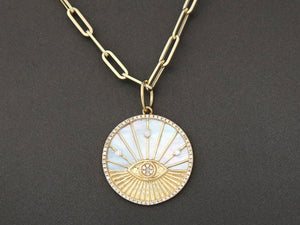 14K Solid Gold Pave Diamond & Mother of Pearl Evil Eye Pendant, (14K-DP-042)