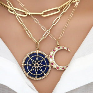 14K Solid Gold Pave Diamond & Lapis Compass Pendant, (14K-DP-044)