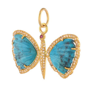 Pave Diamond & Turquoise With Blue Sapphire Butterfly Pendant, (DPL-2572)