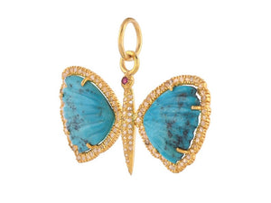 Pave Diamond & Turquoise With Blue Sapphire Butterfly Pendant, (DPL-2572)