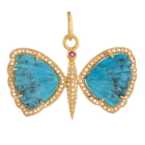 Pave Diamond & Turquoise With Blue Sapphire Butterfly Pendant, (DPL-2572)