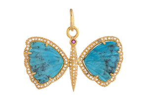Pave Diamond & Turquoise With Blue Sapphire Butterfly Pendant, (DPL-2572)