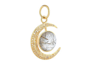 Pave Diamond & Golden Rutile Crescent Moon Pendant, (DPM-1285)