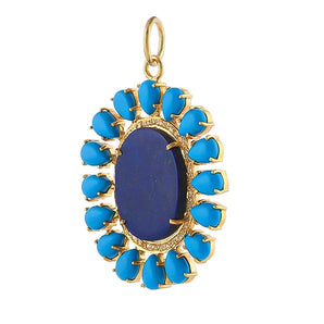 Pave Diamond & Lapis With Turquoise Flower Pendant, (DPL-2568)