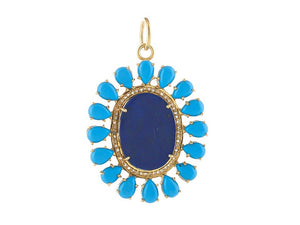 Pave Diamond & Lapis With Turquoise Flower Pendant, (DPL-2568)