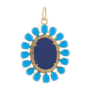 Pave Diamond & Lapis With Turquoise Flower Pendant, (DPL-2568)