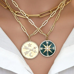 14K Solid Gold Pave Diamond & Malachite Compass North Star Pendant, (14K-DP-037)