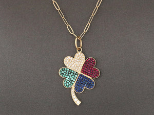14K Solid Gold Four Leaf Clover with Diamonds, Emeralds, Rubies, & Sapphires Pendant, (14K-DP-040)