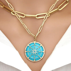 14K Solid Gold Pave Diamond & Turquoise Compass Pendant, (14K-DP-045)