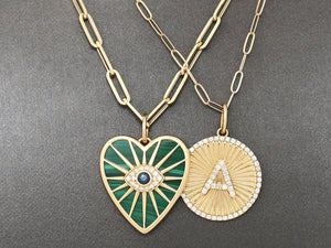 14K Solid Gold Pave Diamond & Malachite Heart Pendant, (14K-DP-046)