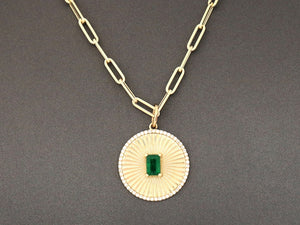 14K Solid Gold Pave Diamond  Fluted Emerald Pendant, (14K-DP-050)