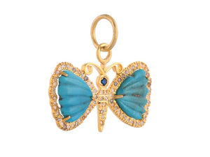 Pave Diamond & Turquoise With Blue Sapphire Butterfly Pendant, (DPM-1344)