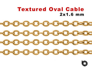 14K Gold Filled Textured Pattern Flat Oval Cable Chain, 2x1.6 mm, (GF-048)