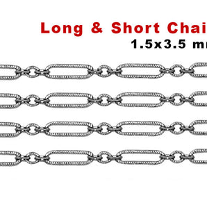 Sterling Silver Oxidized Textured Long and Short Cable Chain, 1.5x3.5 mm, (SS-173)