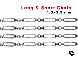 Sterling Silver Oxidized Textured Long and Short Cable Chain, 1.5x3.5 mm, (SS-173)