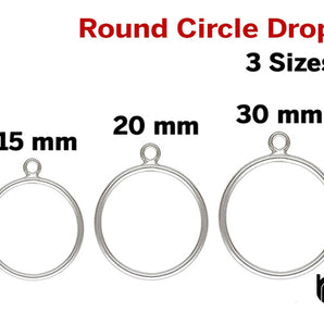 1 Pair, Sterling Silver Round Circle Drop w/Ring, 3 Sizes, (SS-1017)