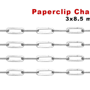 Sterling Silver Heavy Flat Paperclip Cable Chain, 3x8.5 mm, (SS-180)