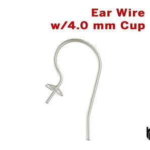 Sterling Silver Ear Wire w/4.0 mm Cup, (SS/697)