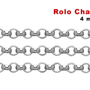 Sterling Silver 4 mm Heavy Rolo Chain, 4 mm Sturdy Rolo, (SS-233)