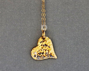 24k Gold Vermeil Over Sterling Silver Hammered Heart Charm w/0.2 Diamonds -- VM/CH8/CR32 - Beadspoint