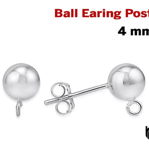 Sterling Silver Ball Earring Post,4mm, 2 Pieces, (SS/745)