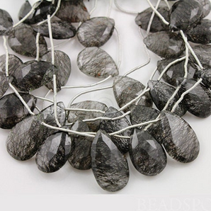 Black Rutilated Quartz Faceted Pear Drops, (BRUT12x20PEAR) - Beadspoint