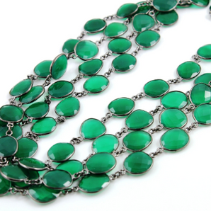 Green Onyx Faceted Puff Cushion Bezel Chain, (BC-GNX-75) - Beadspoint