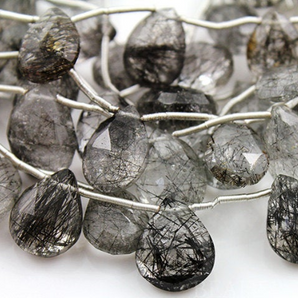 Black Rutilated Quartz Medium Faceted Pear Drops, (BRUT9x12PEAR) - Beadspoint