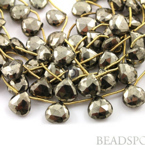 Natural '' NO TREATMENT'' Pyrite Bronzed Gold Metallic Stone, Faceted Heart Drops, AAA Quality 10-11mm, 1 Strand (PYR10-11HRT) - Beadspoint