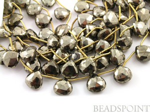 Natural '' NO TREATMENT'' Pyrite Bronzed Gold Metallic Stone, Faceted Heart Drops, AAA Quality 10-11mm, 1 Strand (PYR10-11HRT) - Beadspoint