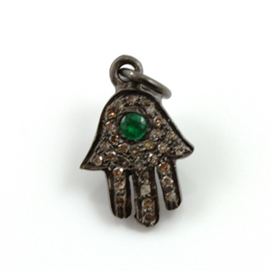 Pave Diamond  Hamsa Charm with Emerald (DCH-112) - Beadspoint