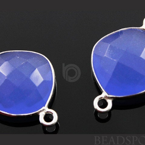 Blue Chalcedony Faceted Cushion Shape Bezel Connector, (SSBZC7514) - Beadspoint