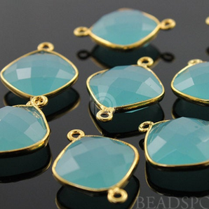 Aqua Chalcedony Faceted Cushion Shape Bezel Connector, (BZC7500) - Beadspoint