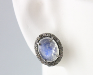 Pave Diamond & Rainbow Moonstone Stud Earrings, (Earr-085) - Beadspoint