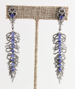 Pave Diamond & Sapphire Feather Earrings, (DER-099) - Beadspoint