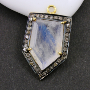 Pave Diamond w/ Flashy Blue Rainbow Moonstone Pendent, (RNB/DIA/ 15x22) - Beadspoint