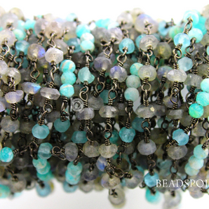 Labradorite & Amazonite Faceted Wire Wrapped Rosary, (RS-MIX-15) - Beadspoint