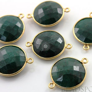 Dyed Emerald Faceted Coin Shape Bezel Connector, (BZC7289) - Beadspoint