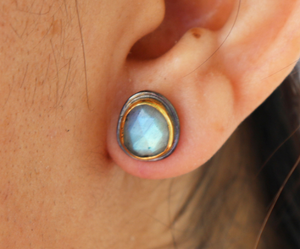 Sterling Silver w/ Labradorite Cabochons Stud Earrings, (ST/LAB/01) - Beadspoint