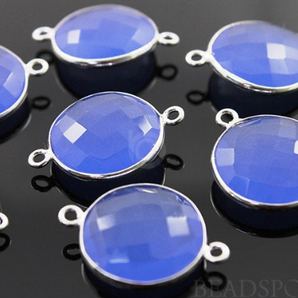 Blue Chalcedony Faceted Puff Coin Bezel Connector, (SSBZC7225) - Beadspoint