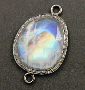 Pave Daimond Rainbow Moonstone Faceted Bezel Connector, (RNB/1003) - Beadspoint
