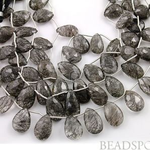 Black Rutilated Quartz Medium Faceted Pear Drops, (4BRUT10x13PEAR) - Beadspoint