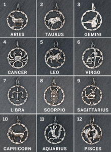 Sterling Silver vintage Inspired Zodiac Signs, w/ Star emblem, Circa-1880  re-production, 4 Finishes, 12 Signs (AF-145) - Beadspoint
