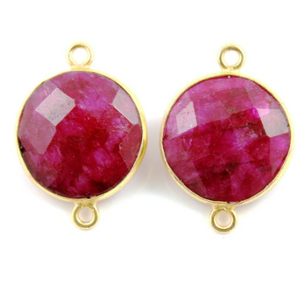 Dyed Ruby Faceted Coin Shape Bezel Connector, (BZC7273/RBY) - Beadspoint