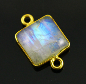 Gold Plated Rainbow Moonstone Smooth Square Bezel Connector, (BZC-2062) - Beadspoint