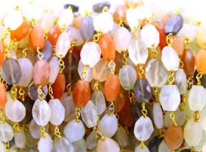 Moonstone -Peach,Grey,Rainbow Wire Wrapped Rosary,(RS-MNSX-153) - Beadspoint